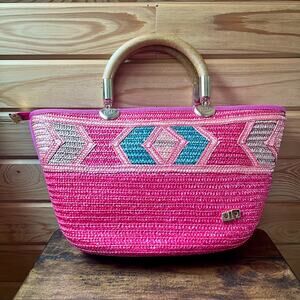 Hot Pink Woven Straw Tote Wood Handles Resort Bag Made in Italy NWOT Piergiorgio
